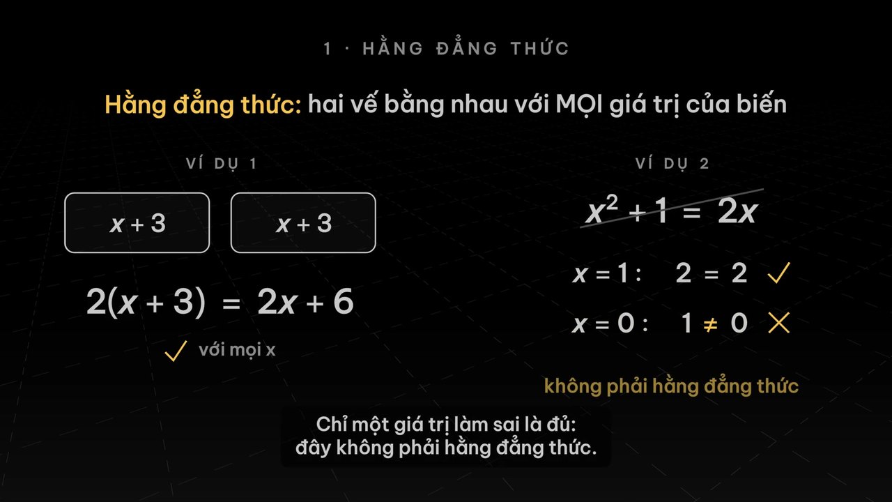 Hai ví dụ đặt cạnh nhau: 2(x + 3) = 2x + 6 đúng với mọi x, còn x² + 1 = 2x đúng khi x = 1 nhưng sai khi x = 0